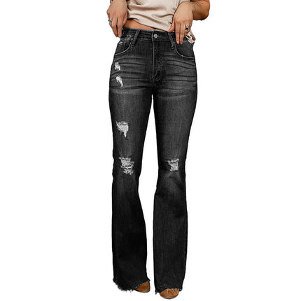 Wholesale Women's High Waist Elasticized Ripped Hem Raw Edge Flared Jeans