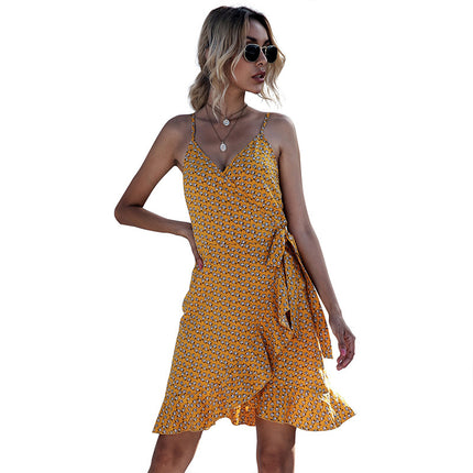 Pfirsich-Herz-Hals-Kleid der Sommer-Rüsche-Strand-Riemen-Frauen