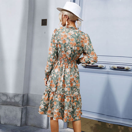Wholesale Women's Autumn Floral Slim Fit Ruffle Printed V-Neck Dress