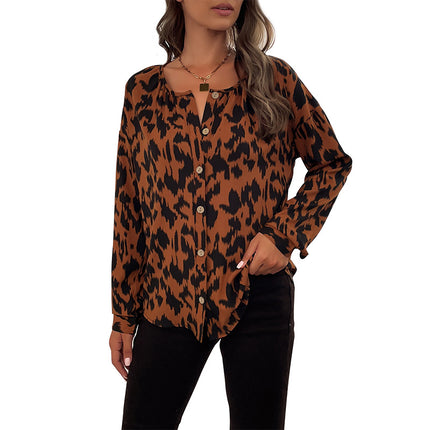 Damen Herbst Winter Top Langarm Leopard Print Shirt