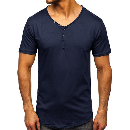 Wholesale Men's Summer Short Sleeve V Neck Solid Color T-Shirt