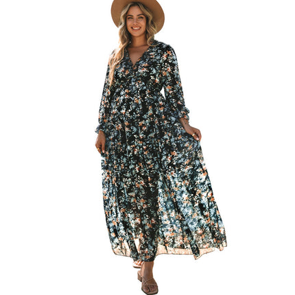 Wholesale Women's V-Neck Ruffle Puff Sleeve Floral Dress