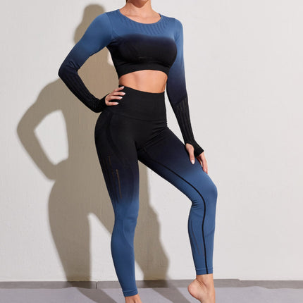 Damen Gradient Sport Langarm Leggings Yoga zweiteiliges Set