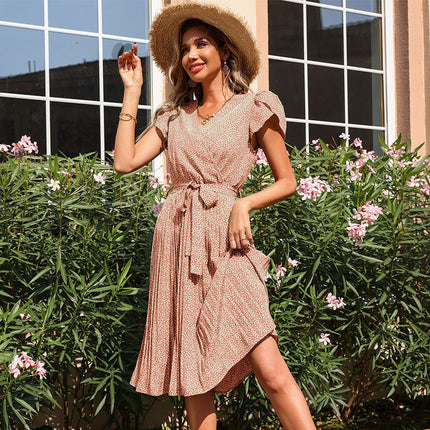 Damen Sommerkleid mit bedrucktem Rock und plissiertem V-Ausschnitt