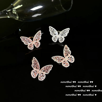 Pink Butterfly Earrings 18K Gold Plated Zircon Ring Set