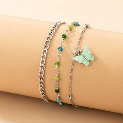 Wholesale Imitation Fritillary Butterfly Beaded Green Anklet Three-Piece Set