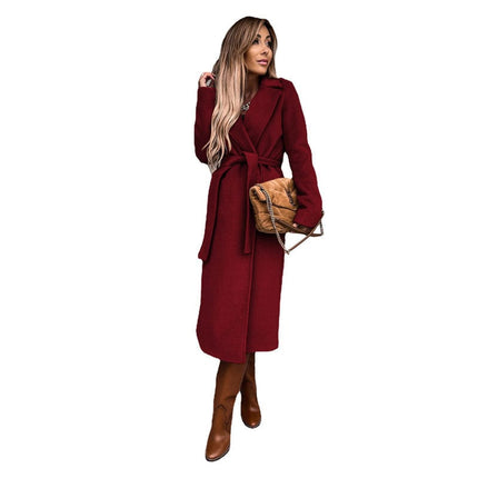 Wholesale Ladies Fall/Winter Lapel Long-sleeved Simple Strappy Windbreaker Woolen Coat