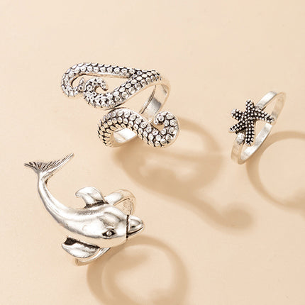 Squid Starfish Dolphin Cute Animal Set of 3 Silver Rings