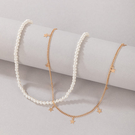 Pearl Multilayer Geometric Pentagram Necklace Two Piece Set