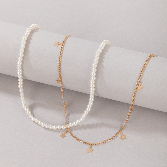 Zweiteiliges Set mit mehrschichtiger geometrischer Pentagramm-Halskette aus Perlen