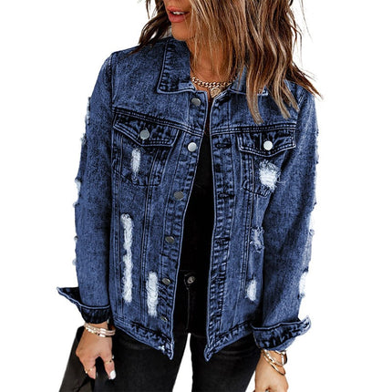 Women's Casual Washed Blue Denim Jacket Coat