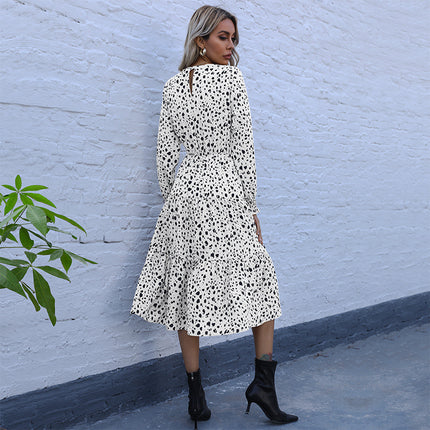 Wholesale Women's Fall Leopard Print Elastic Waist Long Sleeve Midi Dress