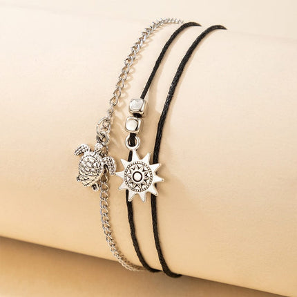 Turtle Sun Animal Square Beaded Black String Chain Anklet