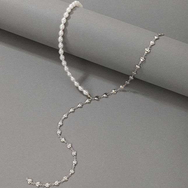 Wholesale Silver Heart Tassel Pearl Beaded Single Layer Necklace
