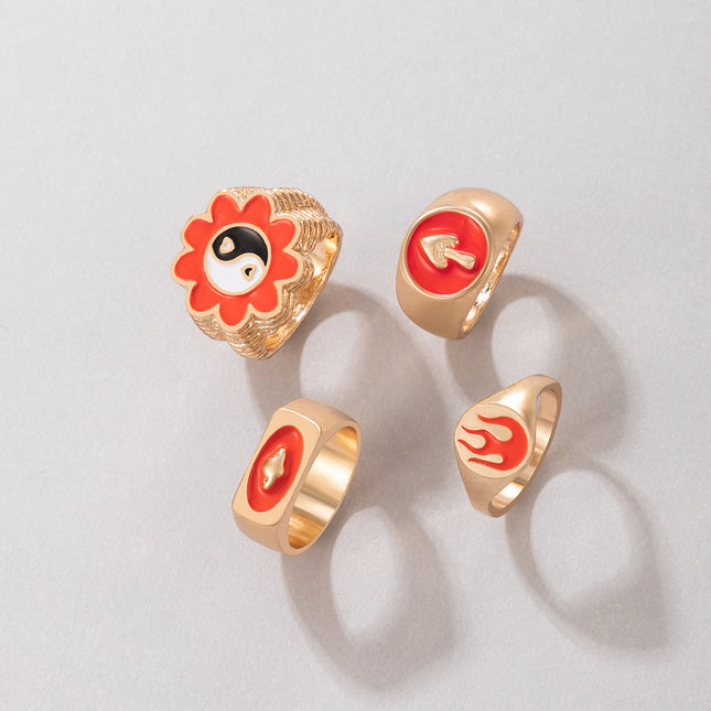Wholesale Fashion Flower Geometric Red Drip Ring Alloy Ring Set