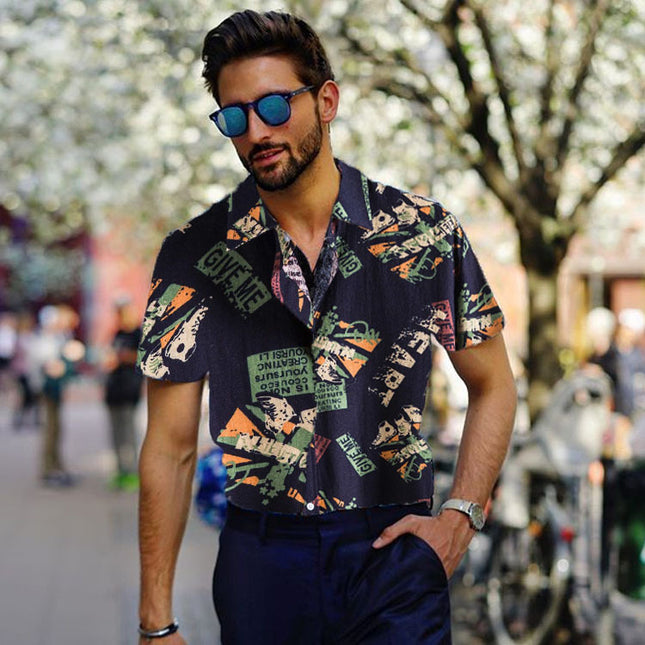 Camisa de solapa estampada de moda para hombre de manga corta de talla grande de verano
