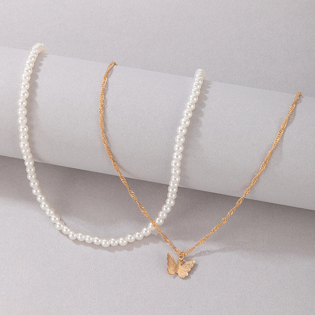 Pearl Butterfly Pendant Two Layer Necklace Set
