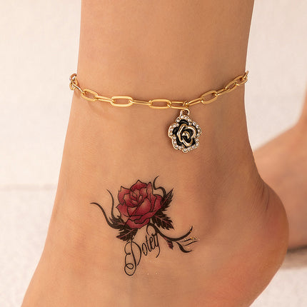 Rose Rhinestone Drip Oil Flower Chain Anklet