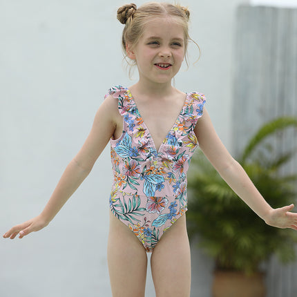 Einteiliger Badeanzug für Mädchen, rückenfreier Blumen-Badeanzug für Kinder