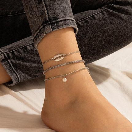 Shell Conch Pearl Snake Bone Chain Anklet Three-Piece Set