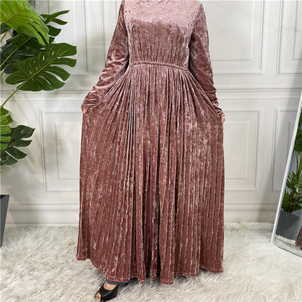 Fall Winter Arab Middle Eastern Pleuche Solid Color Dress