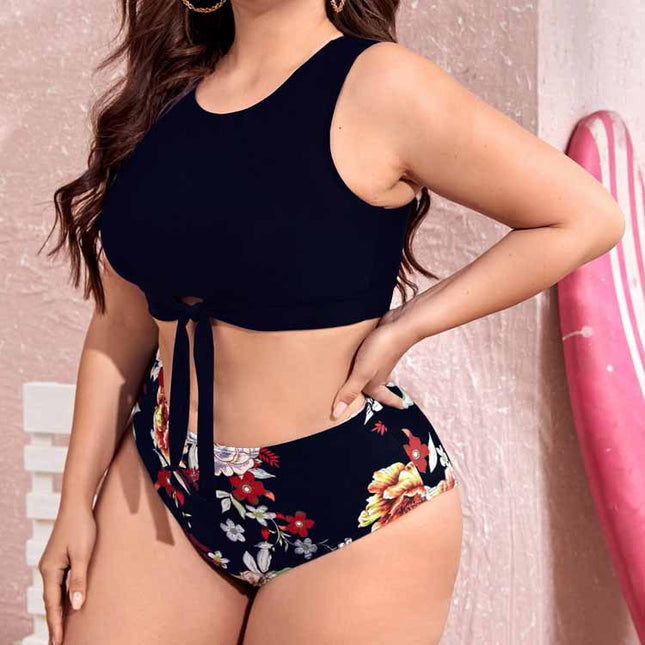 Traje de baño de cintura alta con lazo en el pecho cruzado de bikini dividido de talla grande
