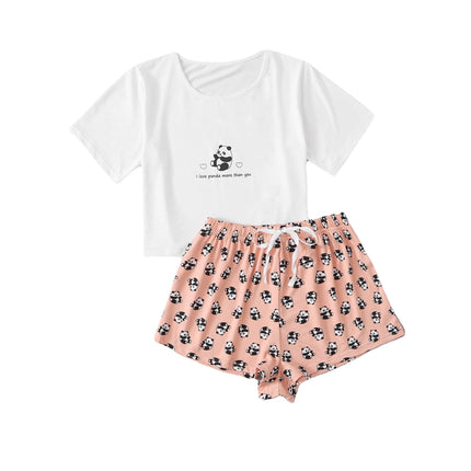 Damen Sommer Print Kurzarm Shorts Pyjama Zweiteiliges Set