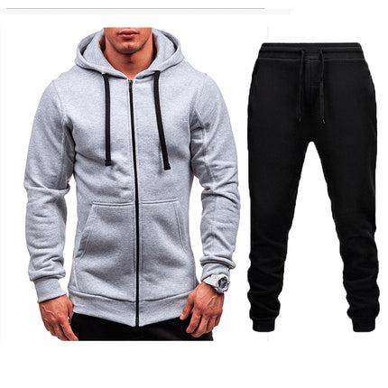 Conjunto de joggers de chaqueta con capucha y cremallera de color sólido para hombre