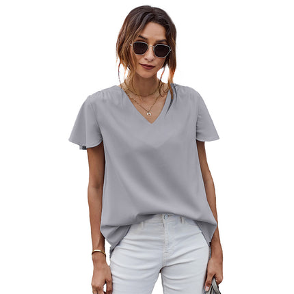 Women's Summer Lotus Leaf Sleeves Round Neck Pullover T-Shirt