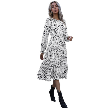 Wholesale Women's Fall Leopard Print Elastic Waist Long Sleeve Midi Dress