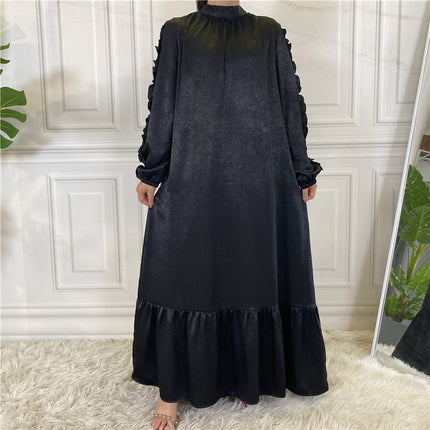 Muslimisches Damenkleid mit großem Saum, plissiertem Langarmkleid für Frauen
