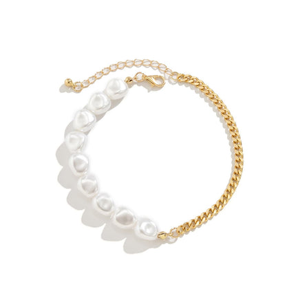 Metal Single Paneled Asymmetric Faux Pearl Chain Anklet