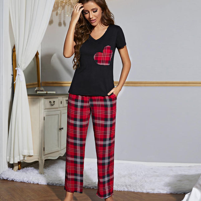 Conjunto de pijama para mujer, cuello en V, manga corta, pantalones, ropa de descanso