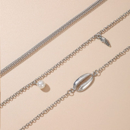 Shell Conch Pearl Snake Bone Chain Anklet Three-Piece Set