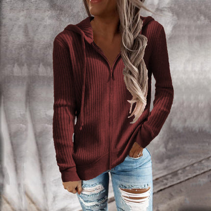 Ladies Striped Casual Sweater Loose Knit Sweater Zip Cardigan Long Sleeve Hooded Sweater