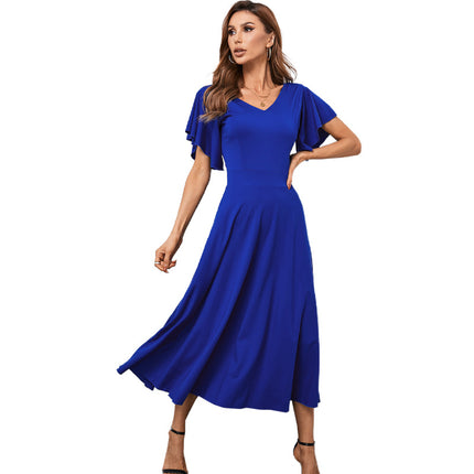 Wholesale Women's Solid Color Ruffle Short Sleeve Sexy V Neck Maxi Dress