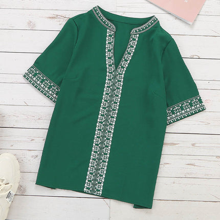 Wholesale Women's Half Sleeve V Neck Embroidered Lace Casual Shirt