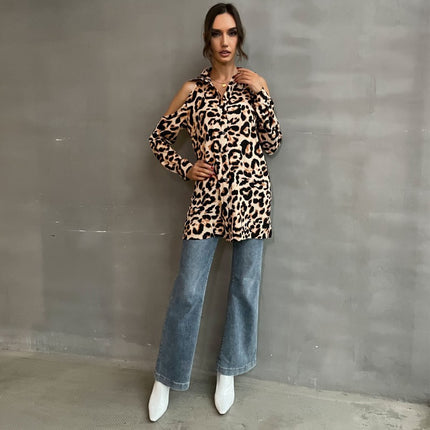 Camisa sin tirantes de manga larga con solapa de leopardo para mujer de otoño