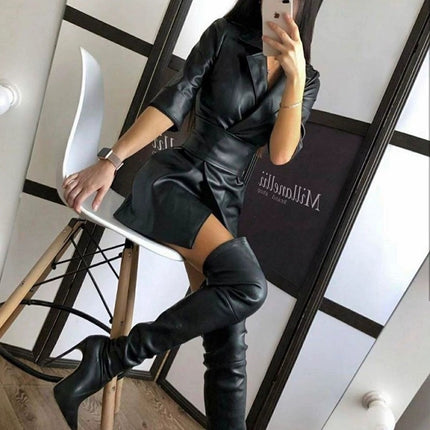 Wholesale Women's Fashion PU Leather Long Sleeve Dress Outerwear