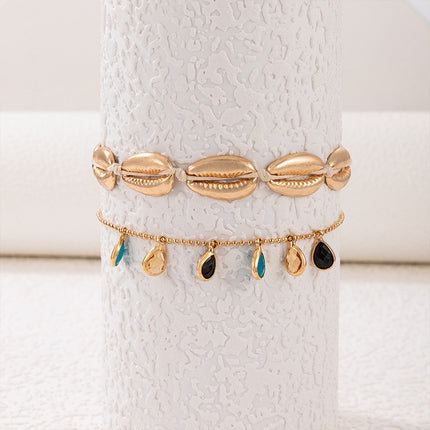 Cord Braided Gold Shell Drop Two-Tier Anklet Set