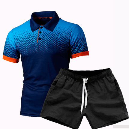 Frühling Herbst Herren Poloshirt Shorts Set mit 3D-gedrucktem Revers und Farbverlauf