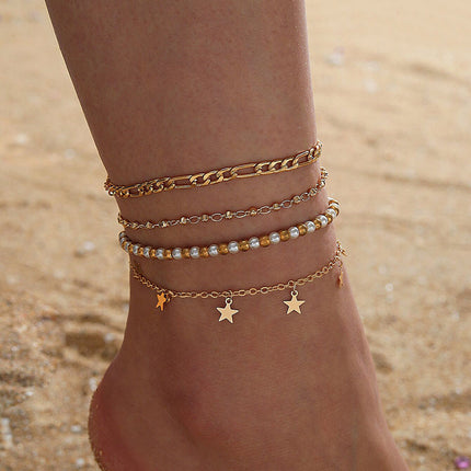 Set of 4 Rice Beads Tassel Pentagon Anklets