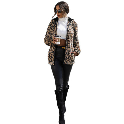 Wholesale Women's Hooded Long Sleeve Leopard Print Fleece Jacket