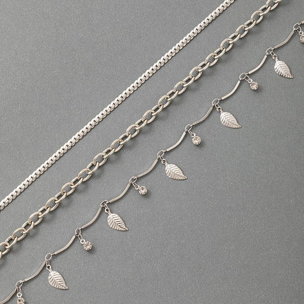 Three-Piece Metallic Silver Leaf Anklet