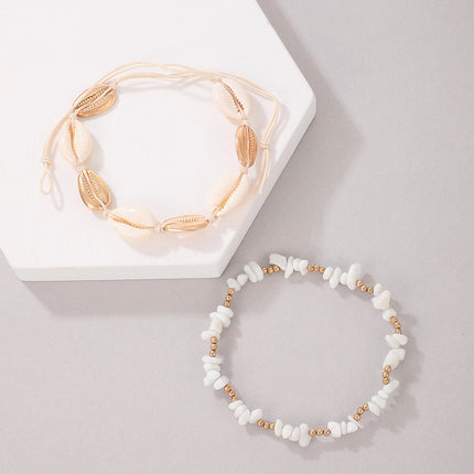 Set of Two White Shell and Bead Woven Anklets