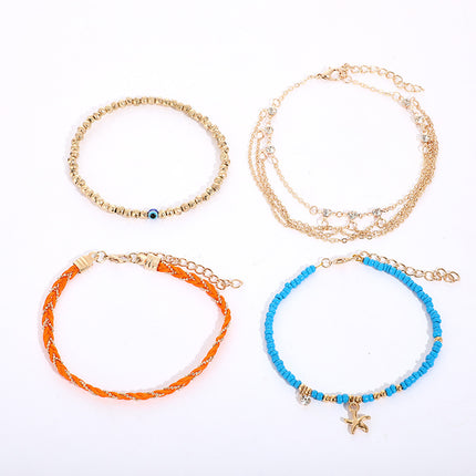 Rhinestone Chain Tassel Braided Rope Rice Pearl Starfish Four Layer Anklet