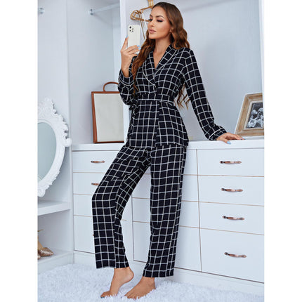 Pyjama Plaid Langarm Tiefer V-Ausschnitt Homewear Zweiteiliges Set