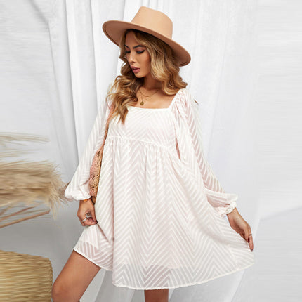 Wholesale Women's Solid Color Jacquard Square Neck Balloon Sleeve Dress