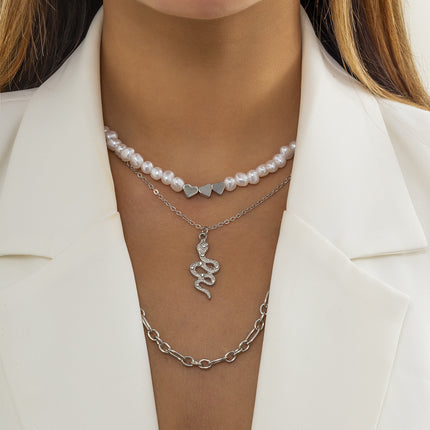 Strass-Schlangen-Schlüsselbein-Halskette Hirse-Perlen-Herz-Halskette