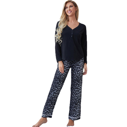 Damen Loungewear V-Ausschnitt, langärmliger Leopardenhosen-Pyjama